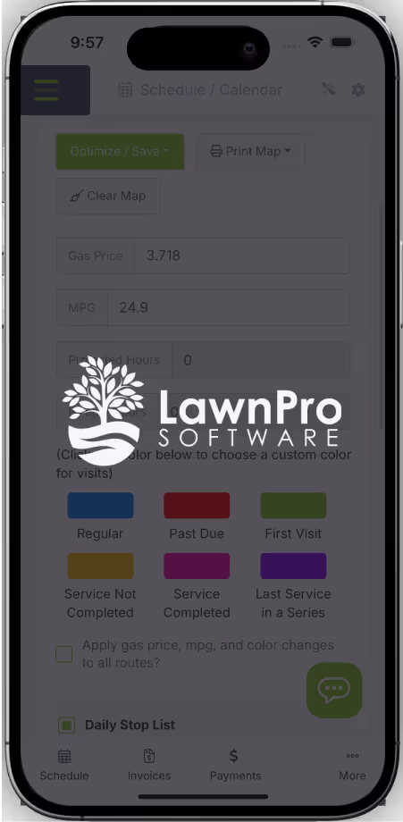 A phone screen showing the LawnPro Software website.
