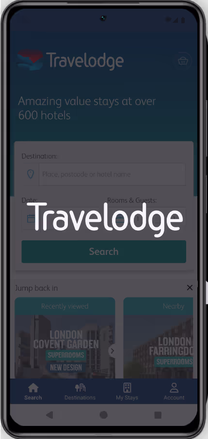 A phone screen showing the Travelodge site.