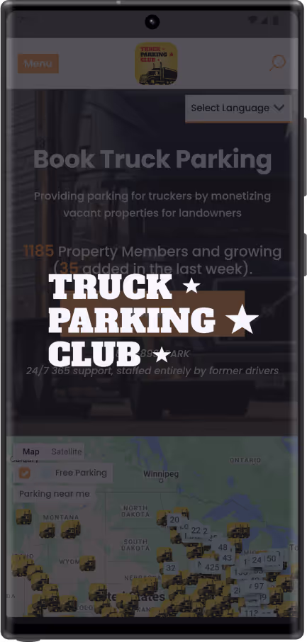 A phone screen showing the Truck Parking Club website.